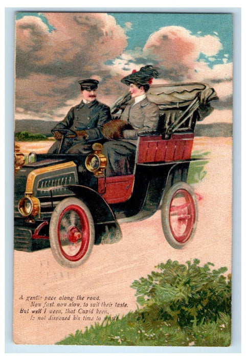 1907 European Couple Driving Antique Car Auto Embossed Buffalo NY Postcard