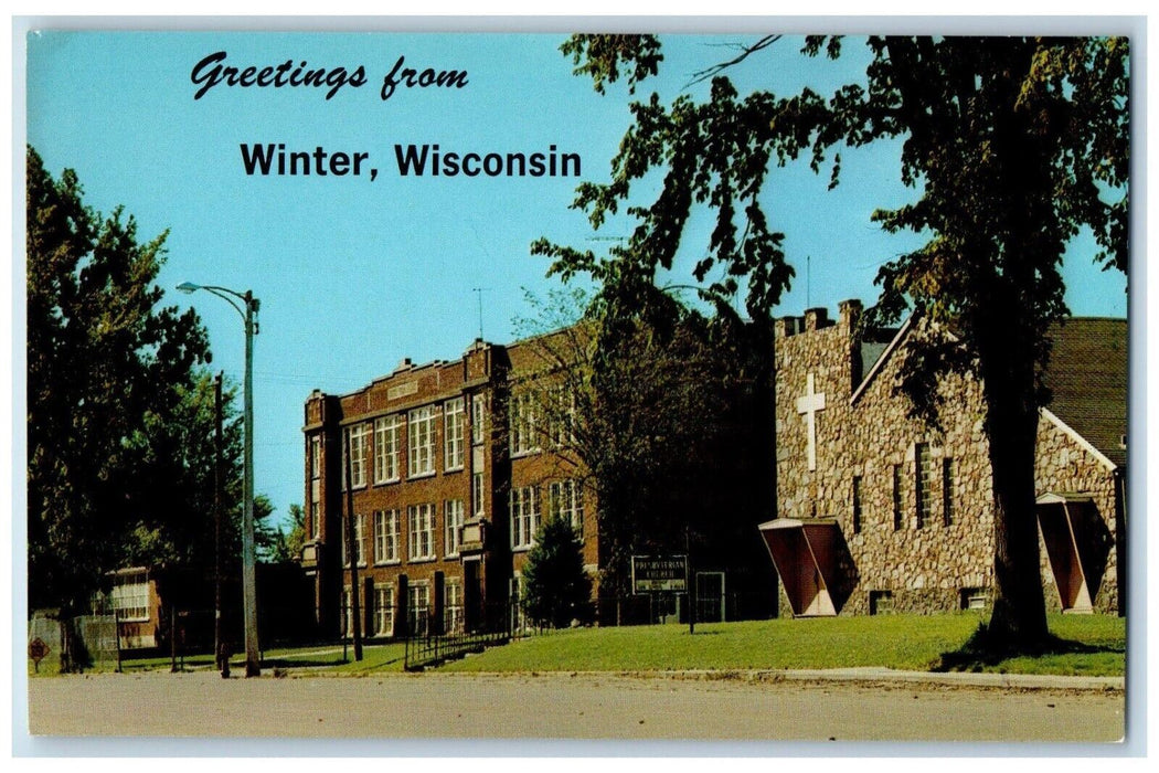 Greetings From Winter Wisconsin WI, Presbyterian Church & High School Postcard