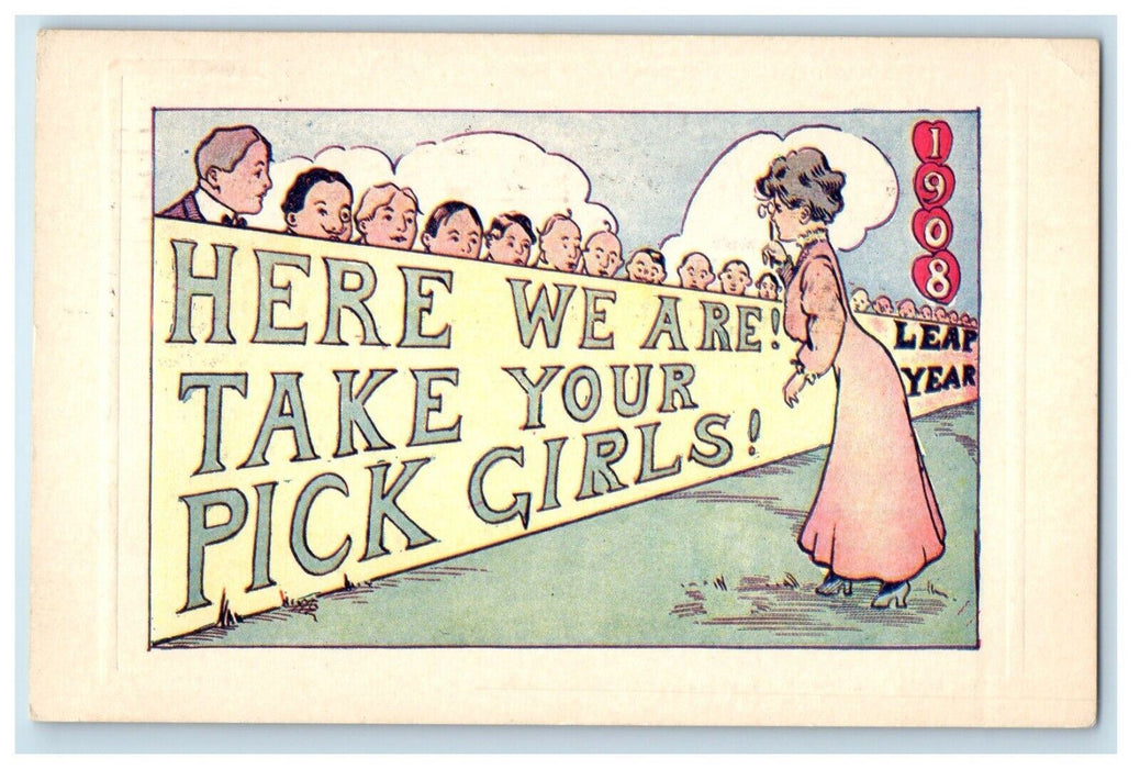 1908 Leap Year Girls Picking Up Men Anderson Indiana IN Humor Postcard