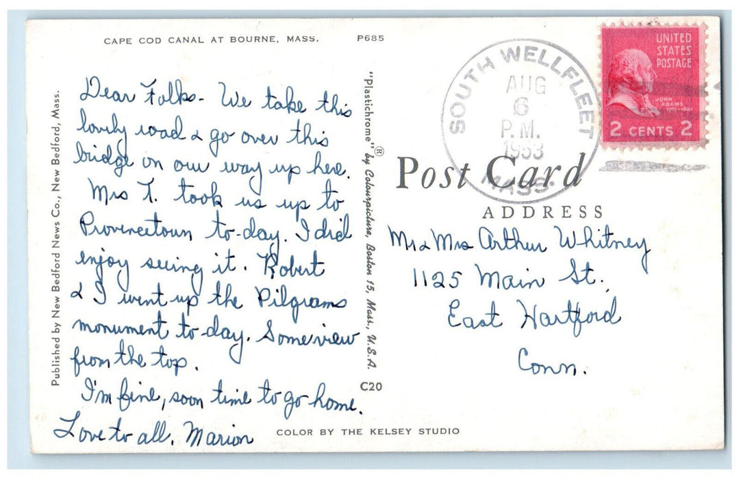 1953 Cape Cod Canal at Bourne Massachusetts MA South Wellfleet MA Postcard