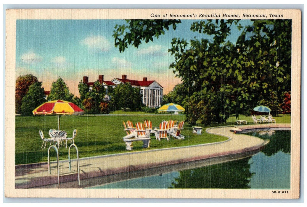 1941 Colorful Umbrellas Chairs, Tables, Homes, Pool, Beaumont Texas TX Postcard