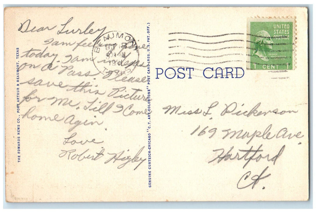 1941 Colorful Umbrellas Chairs, Tables, Homes, Pool, Beaumont Texas TX Postcard