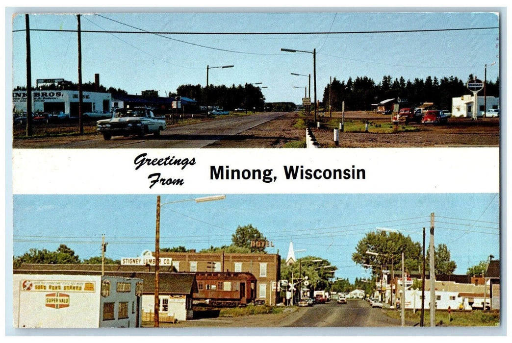 Greetings From Minong Wisconsin WI, Stigney Lumber Co. Cars, Split View Postcard
