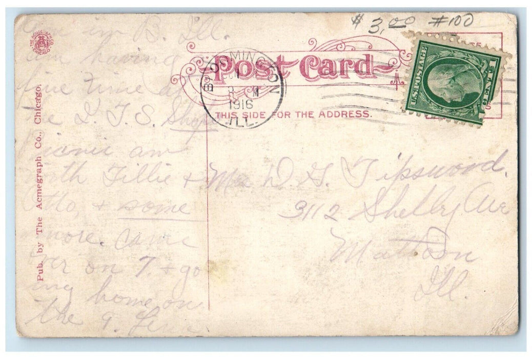 1916 View Of Fountain Miller Park Bloomington Illinois IL Antique Postcard