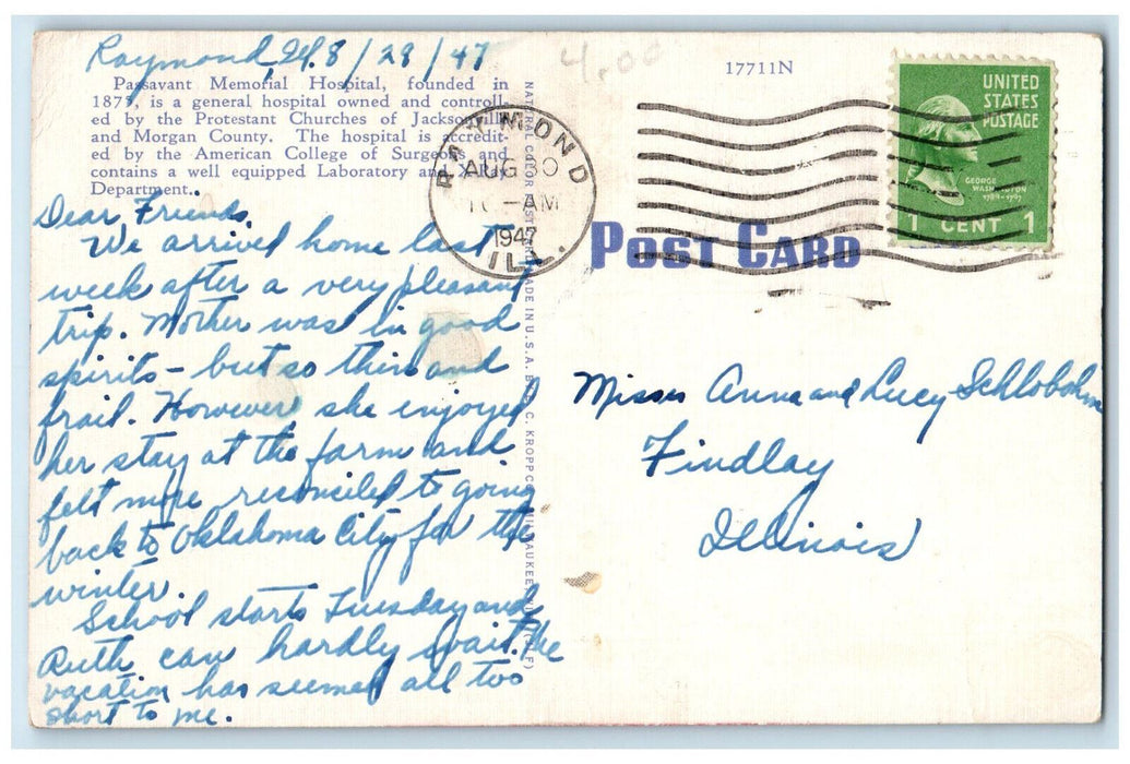 1947 Passavant Hospital Jacksonville Illinois IL Vintage Posted Postcard