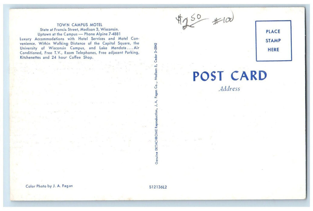 c1950's Town Campus Hotel Room View Madison Wisconsin WI Vintage Postcard