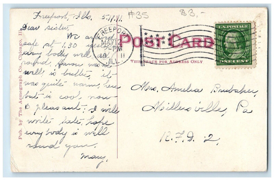1911 City Hall Building Street View Freeport Illinois IL Antique Postcard