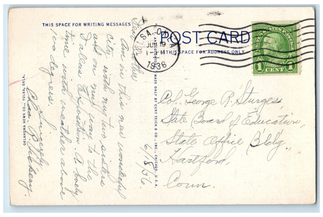 1936 US Flag, High School, Tulsa Oklahoma OK Vintage Posted Postcard