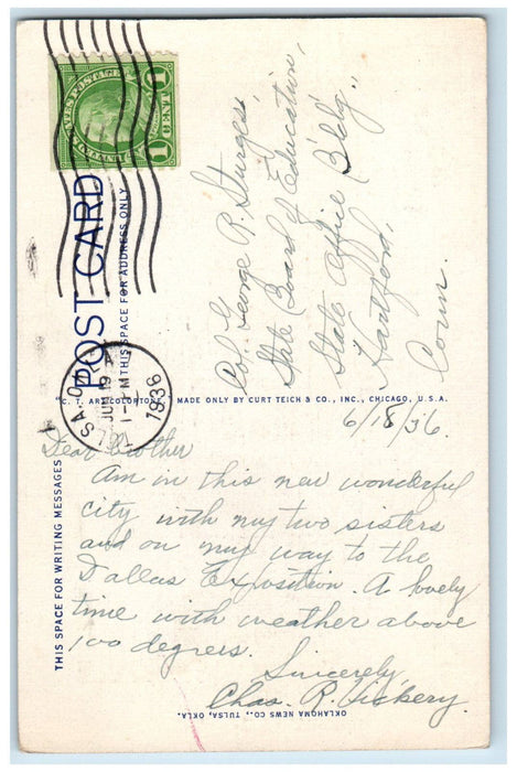 1936 US Flag, High School, Tulsa Oklahoma OK Vintage Posted Postcard