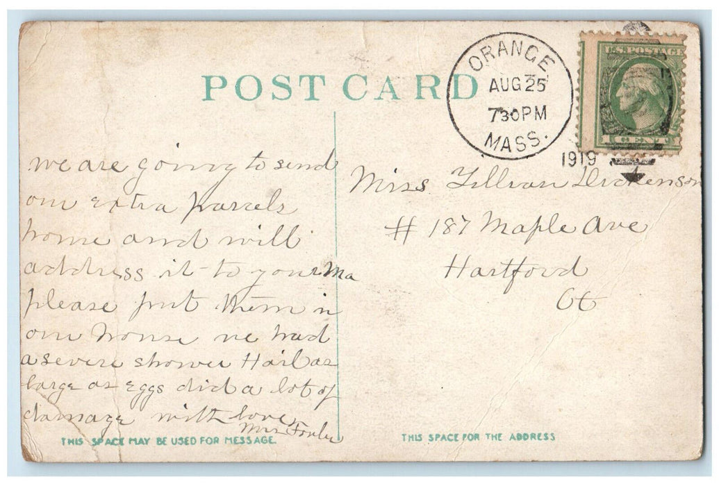 1919 Wheeler Mansion Orange Massachusetts MA Posted Antique Postcard