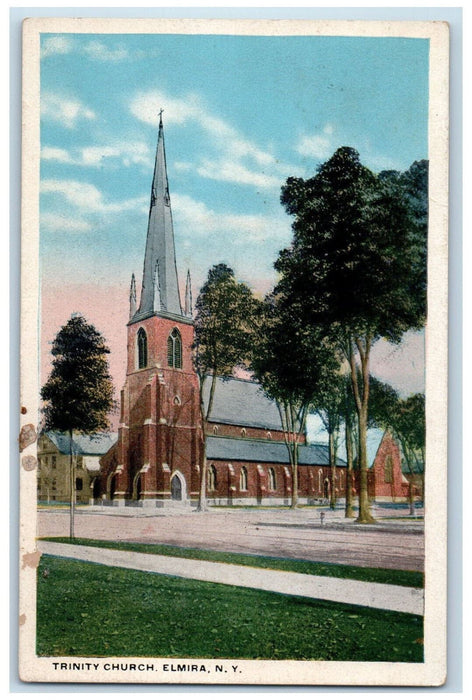 1919 Trees Scene, Trinity Church Elmira New York NY Antique Postcard