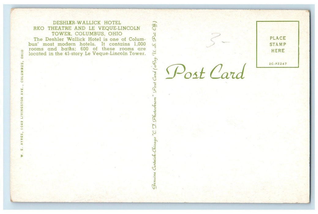 Deshler Wallick Hotel RKO Theater Le Veque-Lincoln Tower Columbus OH Postcard