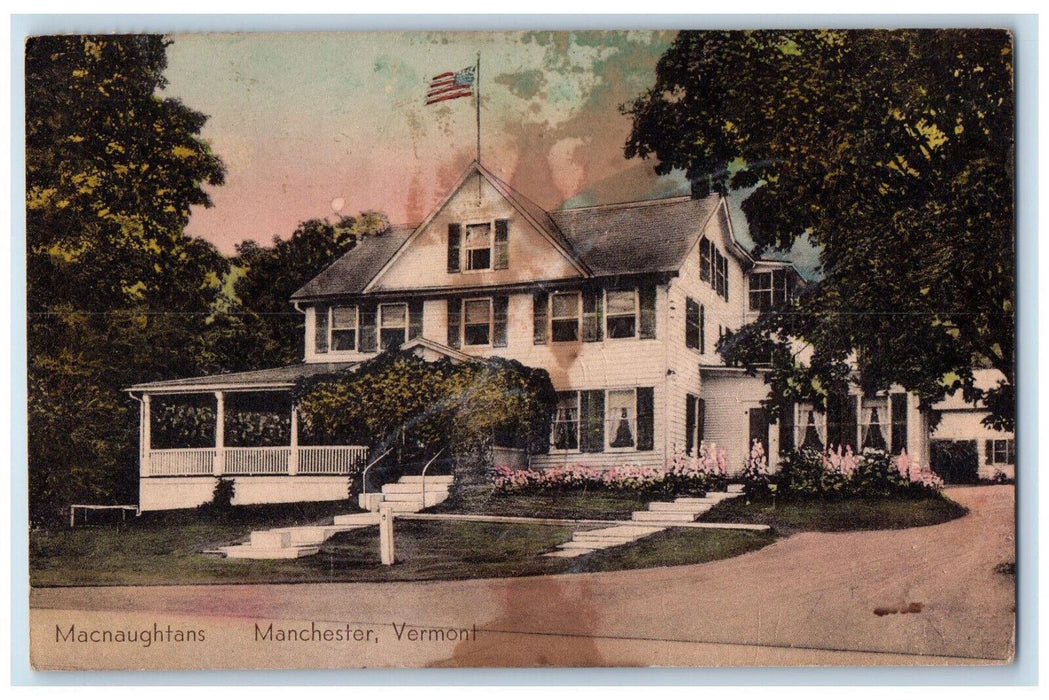 1949 US Flag, Flowers, Macnaughtans Manchester, Vermont VT Handcolored Postcard