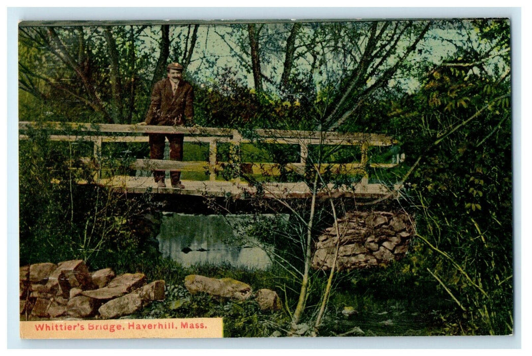 c1912 Man Standing at Whittier's Bridge, Haverhill, Massachusetts MA Postcard