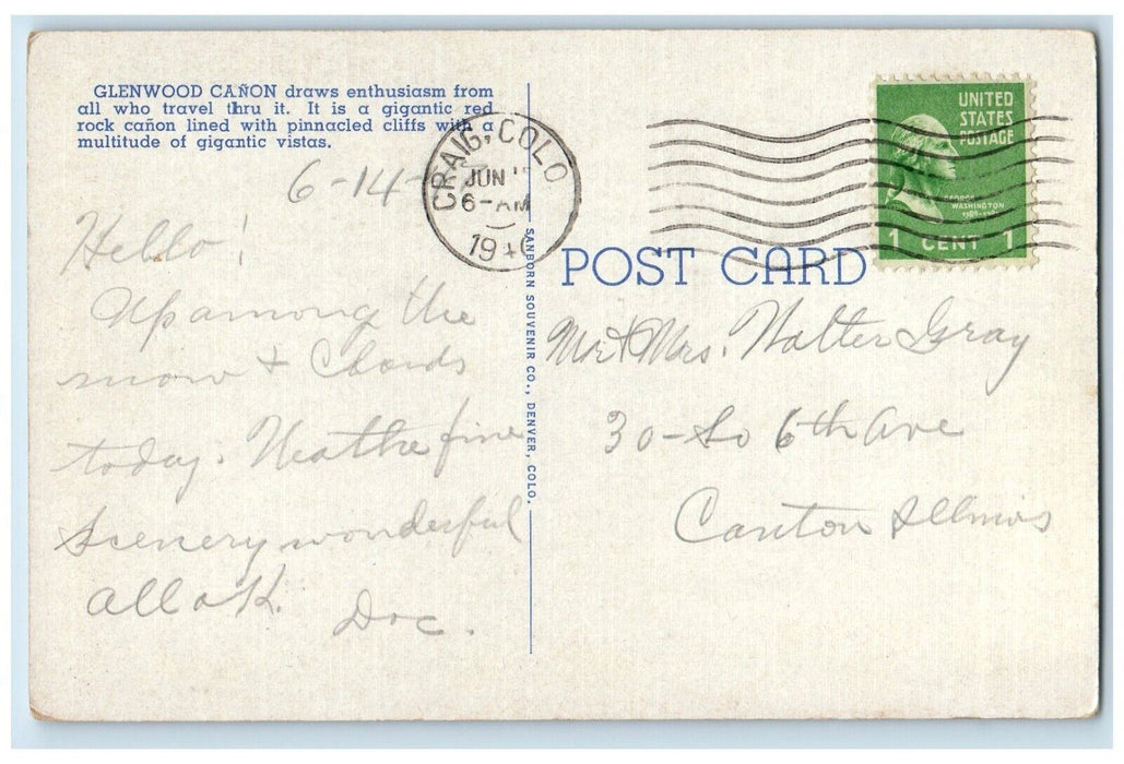 1946 Scenic Glenwood Canon Of Colorado River Near Glenwood Spring CO Postcard