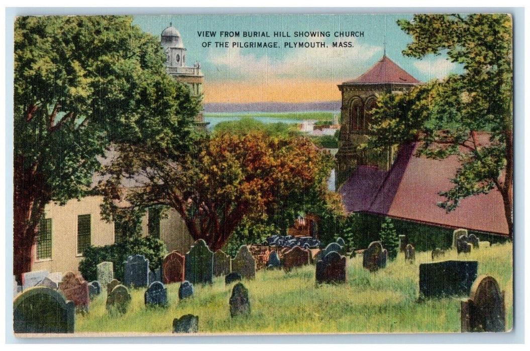View From Burial Hill Showing Church Of Pilgrimage Plymouth MA Vintage Postcard