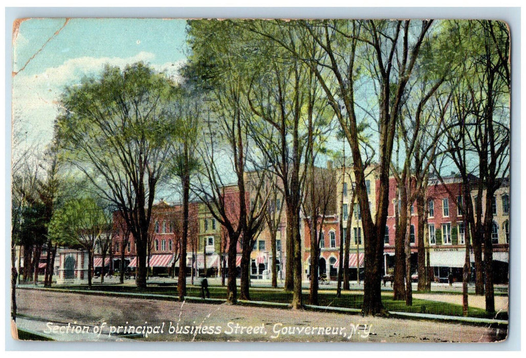 1910 Section of Principal Business Street, Gouverneur NY Antique Postcard