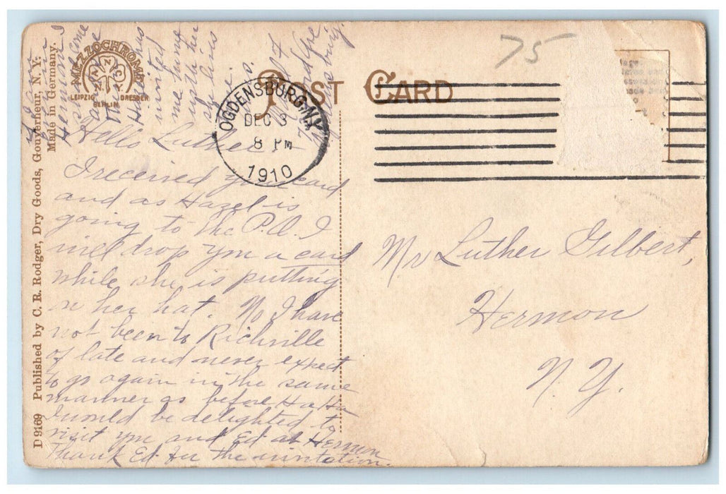 1910 Section of Principal Business Street, Gouverneur NY Antique Postcard