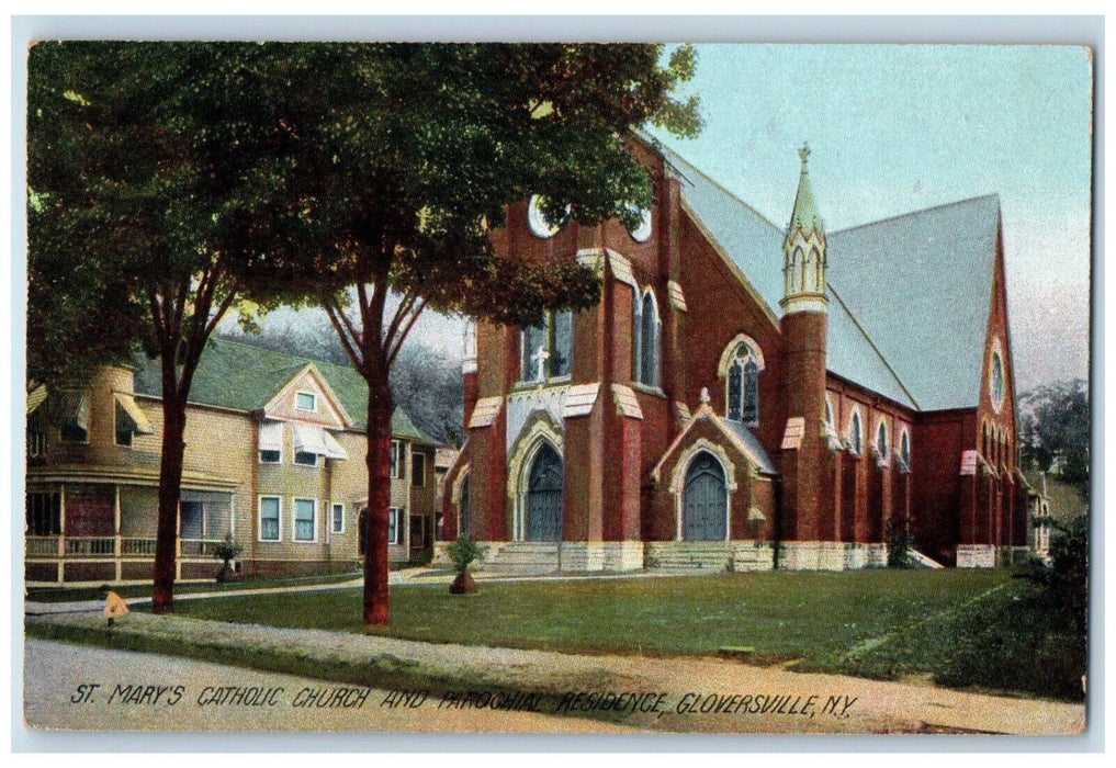 c1910 St. Mary's Catholic Church & Parochial Residence, Gloversville NY Postcard