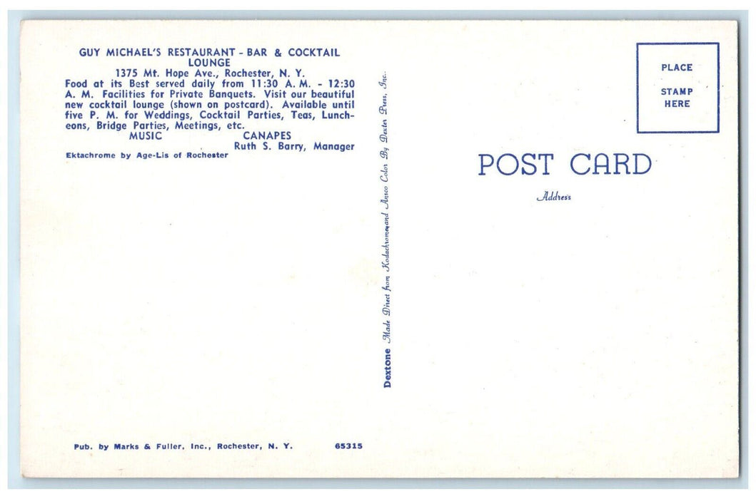 Guy Michael's Restaurant Bar & Cocktail Lounge Dining Room Rochester NY Postcard