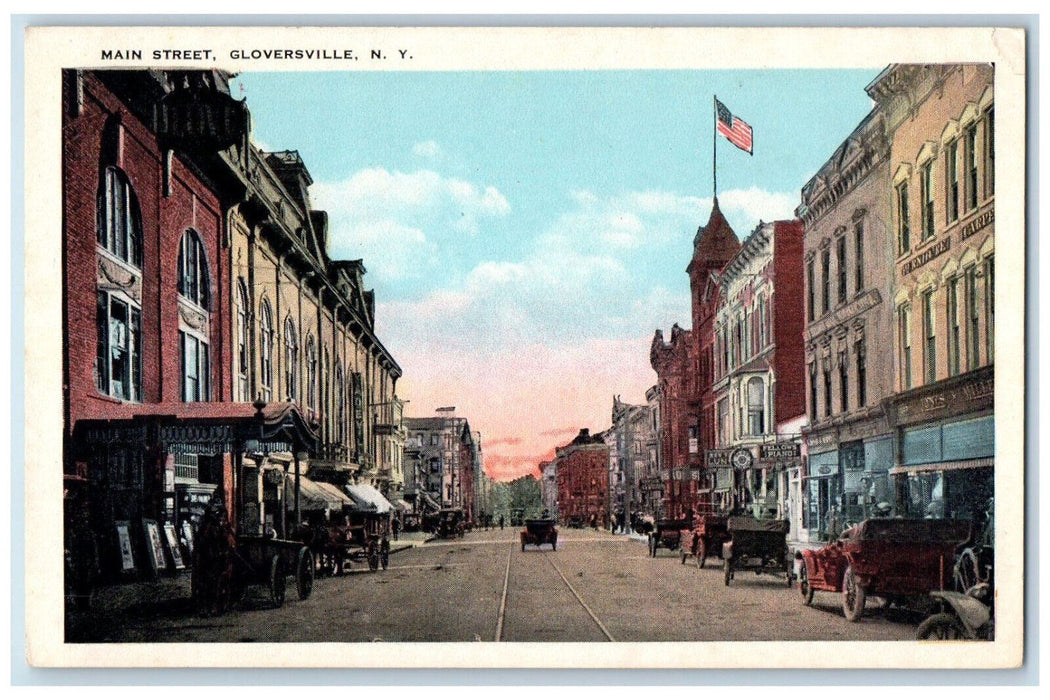 c1920's US Flag, Horse Carriage, Cars Main St. Gloversville New York NY Postcard