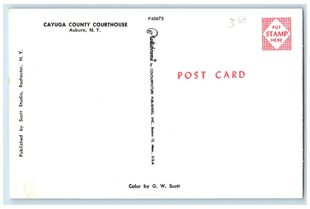 c1950's Street Light Cayuga County Courthouse Auburn NY G.W. Scott Postcard
