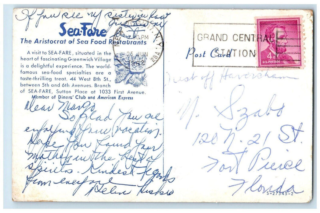 1962 Sea Fare Aristocrat Of Sea Food Restaurant Dining Room New York NY Postcard