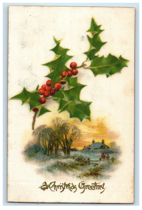 c1905 Silk Christmas Greeting Snowy Scene Holly Unposted Antique Postcard