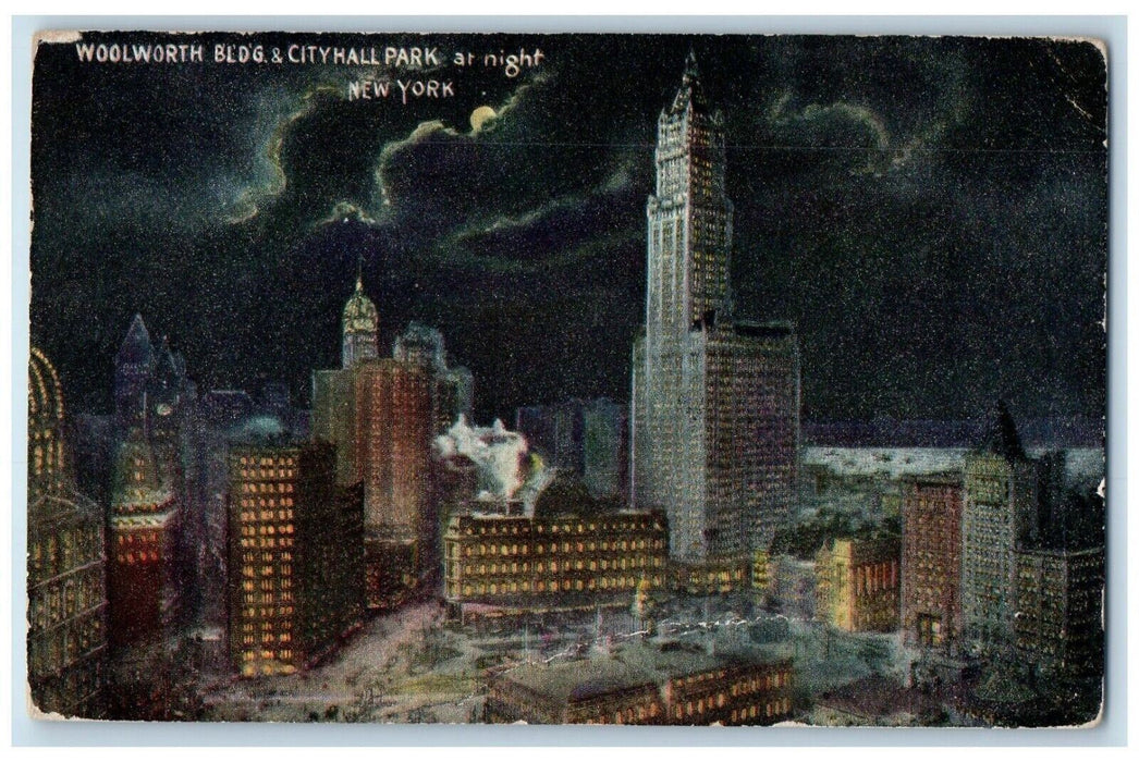 Woolworth Building And City Hall Park At Night Moon Scene New York NY Postcard