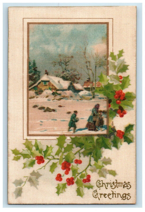 c1905 Silk Christmas Greetings Snowy Scene Nash Unposted Antique Postcard