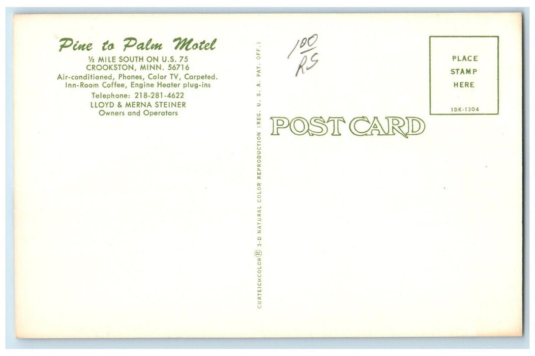 c1950's Pine To Palm Motel Crookston Minnesota MN Unposted Vintage Postcard