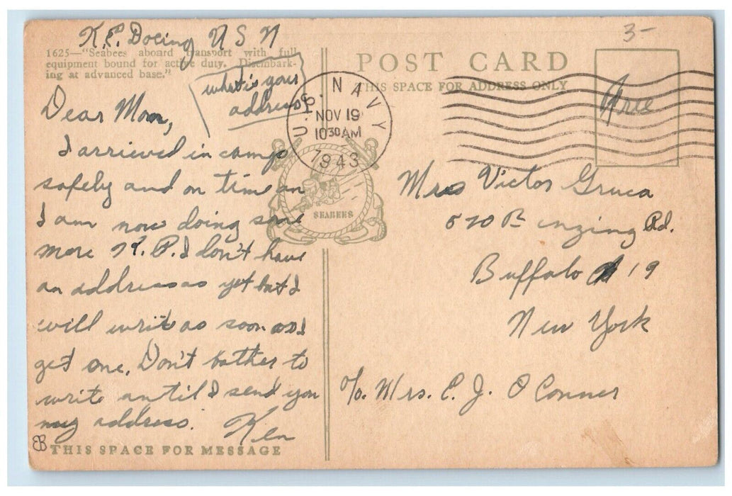 1943 Greetings From Camp Peary VA, Seabees At Sea Disembarkation Point Postcard