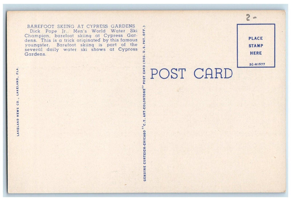 Dick Pope Jr. Barefoot Skiing At Beautiful Cypress Gardens Florida FL Postcard