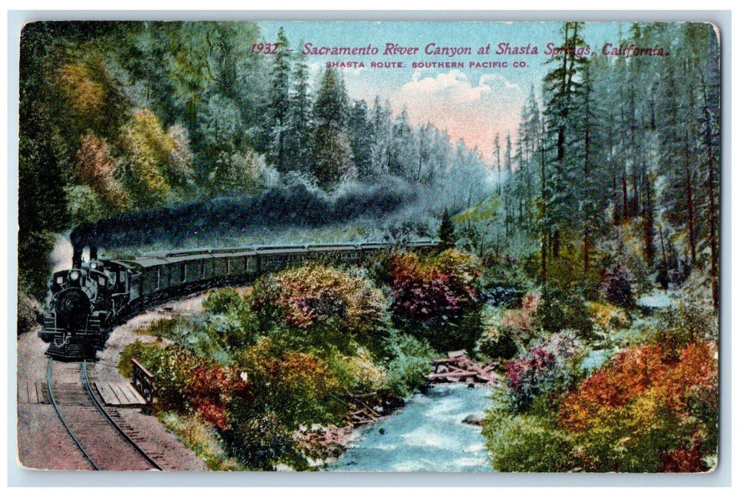 c1910's Sacramento River Canyon Railroad Train At Shasta Springs CA Postcard