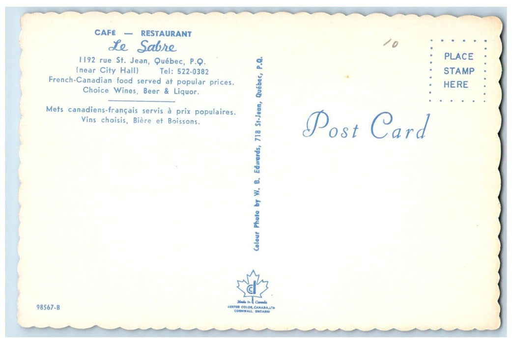 c1950's Le Sabre Cafe Restaurant Dining Room Quebec Canada Vintage Postcard