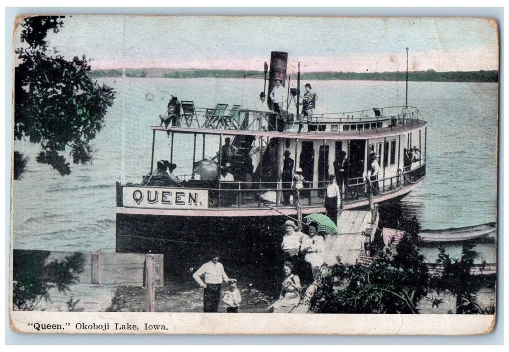 1908 Queen Steamer Ship Passenger Okoboji Lake Iowa IA Posted Antique Postcard