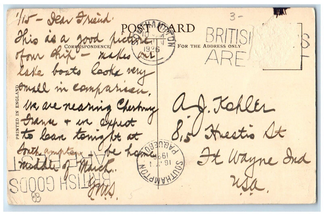 1926 Cunard R.M.S. Berengaria Steamer Ship Southampton Paquebot Antique Postcard