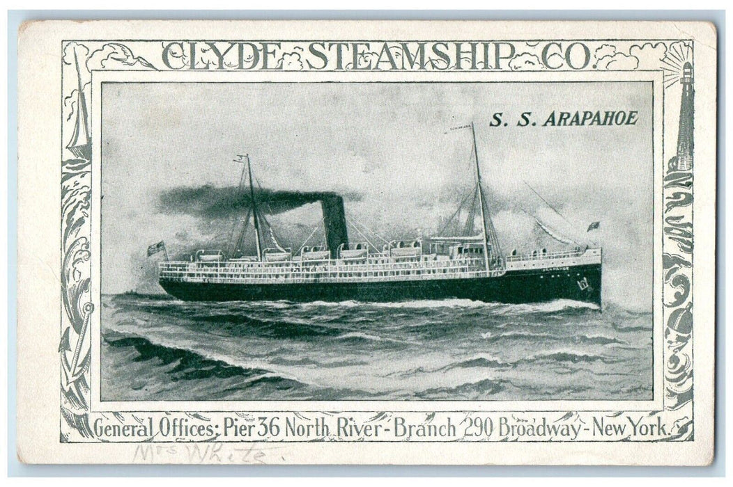 c1910's S.S. Arapahoe Clyde Steamship Co. Broadway New York NY Antique Postcard
