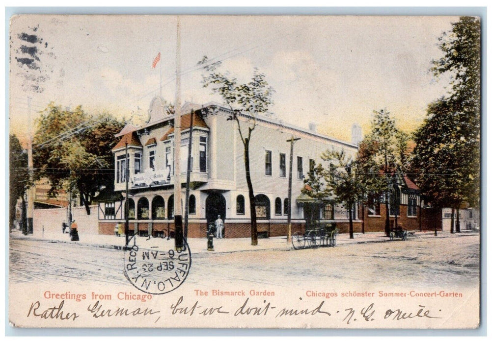 1905 Greetings From Chicago IL, Bismarck Garden Bicycle Posted Antique Postcard