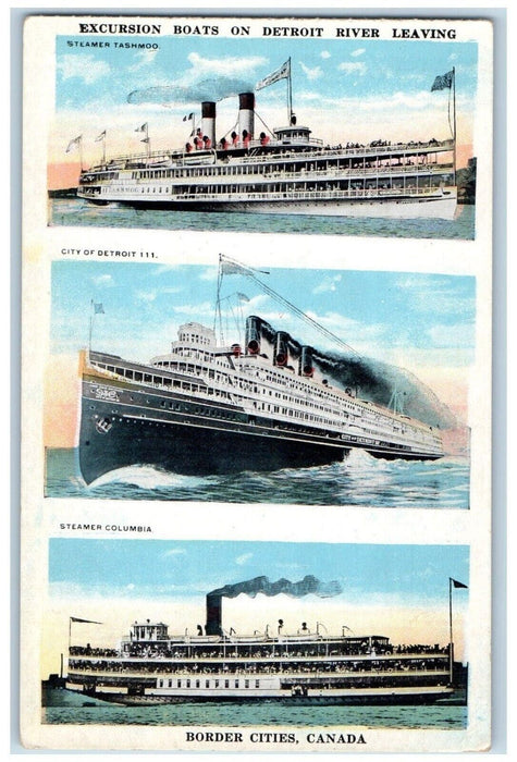 c1920's Detroit MI, Excursion Boats River Leaving Border Cities Canada Postcard