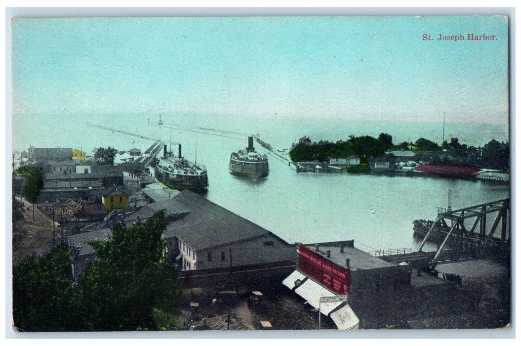 c1910's Bird's Eye View Of St. Joseph Harbor Michigan MI, Steamer Ship Postcard