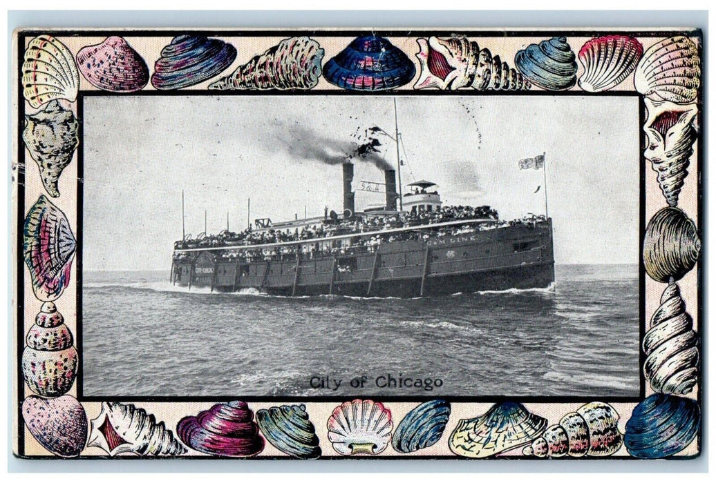1908 Steamer Ship Scene City In Chicago Illinois IL, Shells Antique Postcard