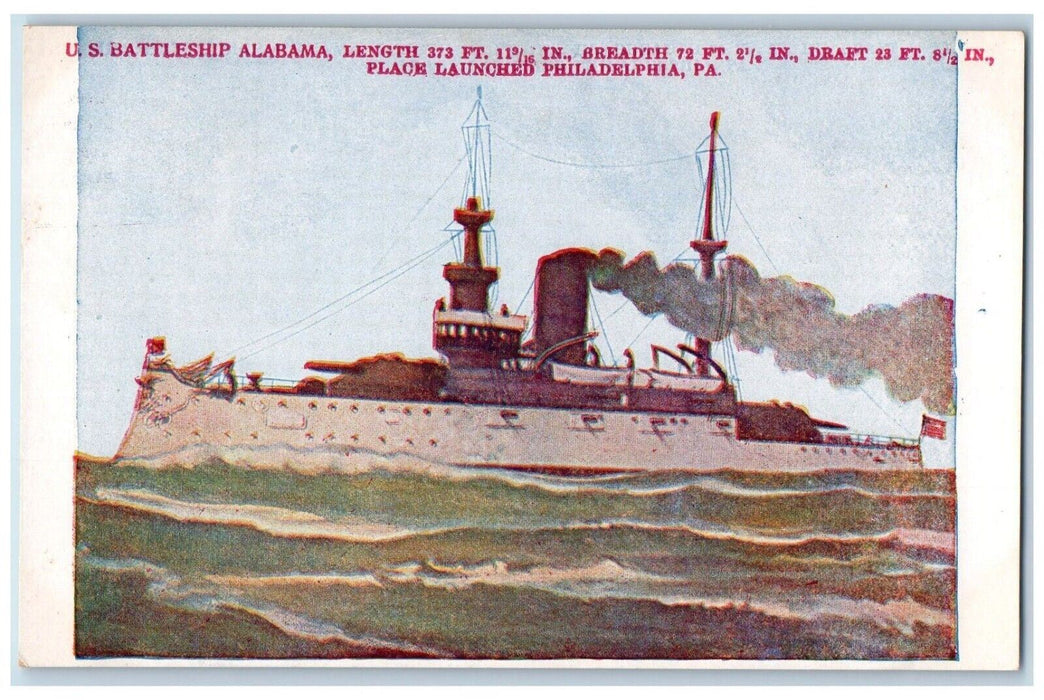 c1905 US Battleship Alabama Steamer Ship Place Launched Philadelphia PA Postcard