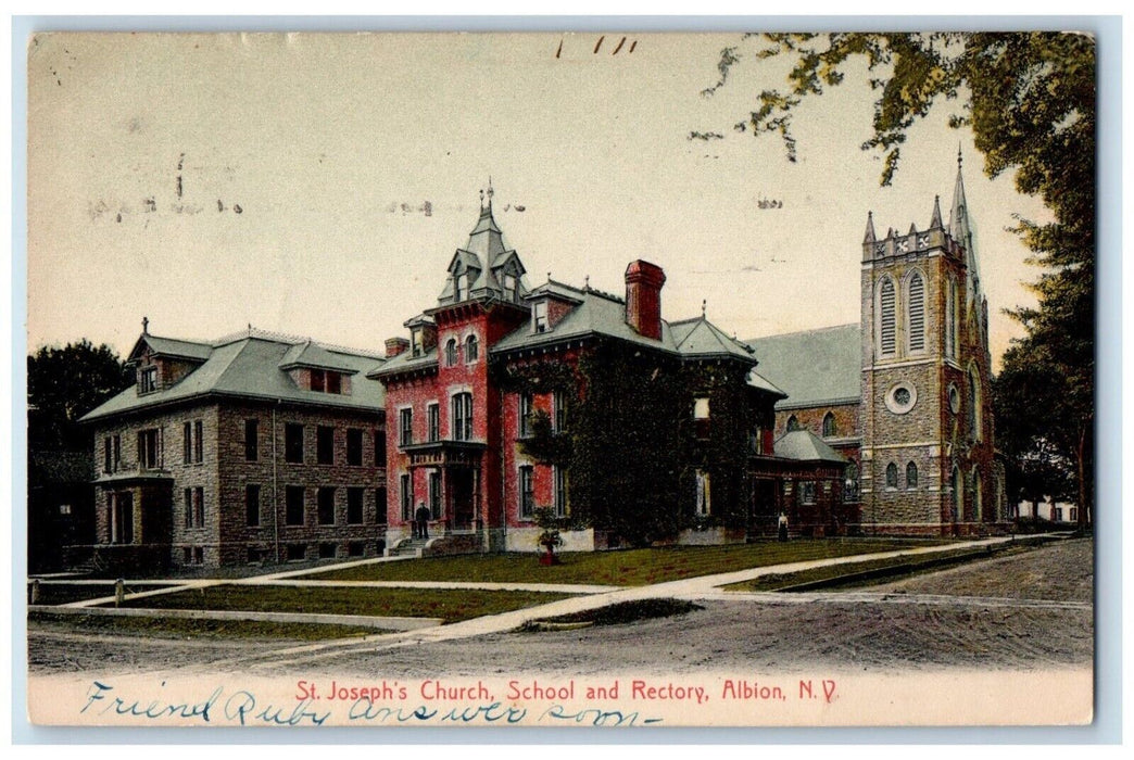 c1910's St. Joseph's Church School And Rectory Albion New York NY Postcard