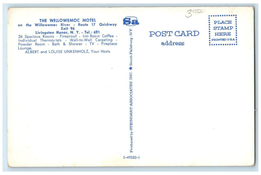 c1950's Interior, The Willowemoc Motel, Livingston Manor NY Postcard