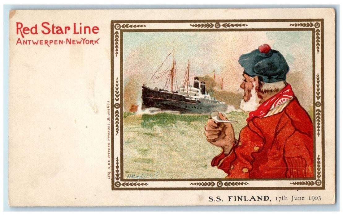 1903 Red Star Line S.S. Finland Antwerpen New York NY, Old Man Pipe Postcard