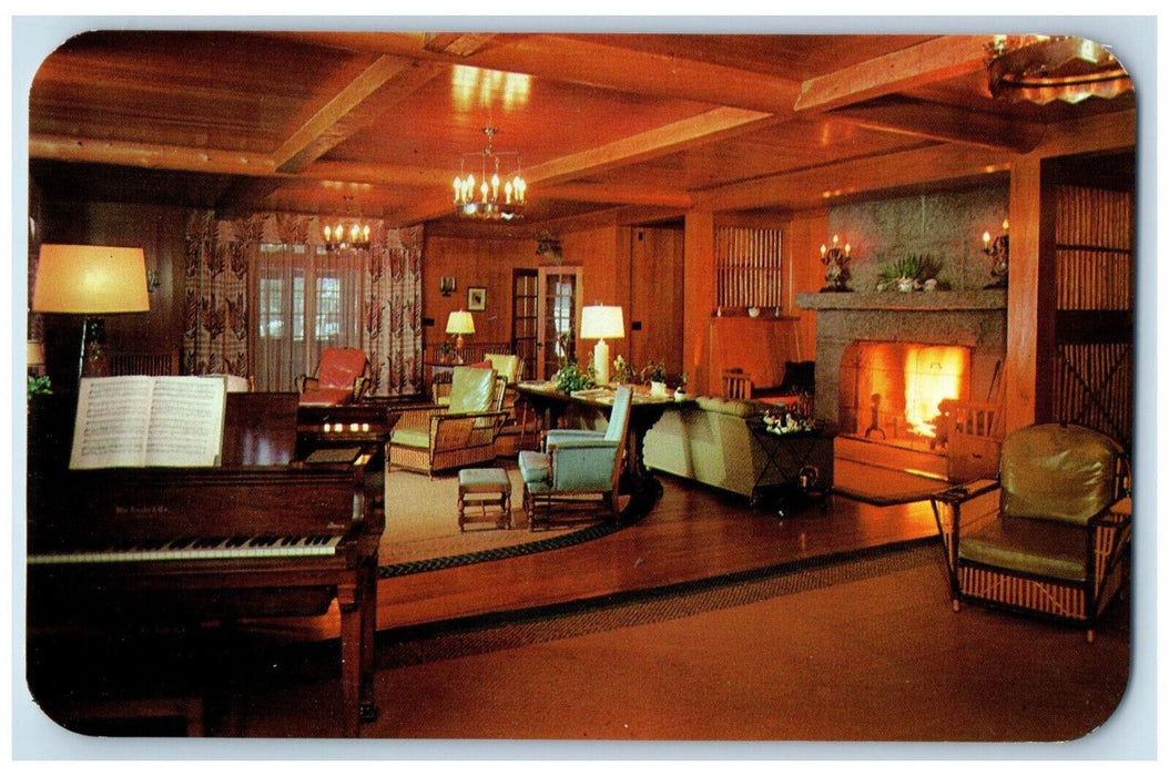 c1960's Albedor Lodge Piano, Chimney, Chairs, Lamps Fourth Lake NY Postcard
