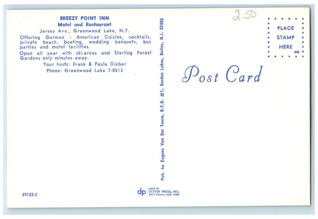 c1950's Breezy Point Inn Motel & Restaurant Greenwood Lake NY Postcard
