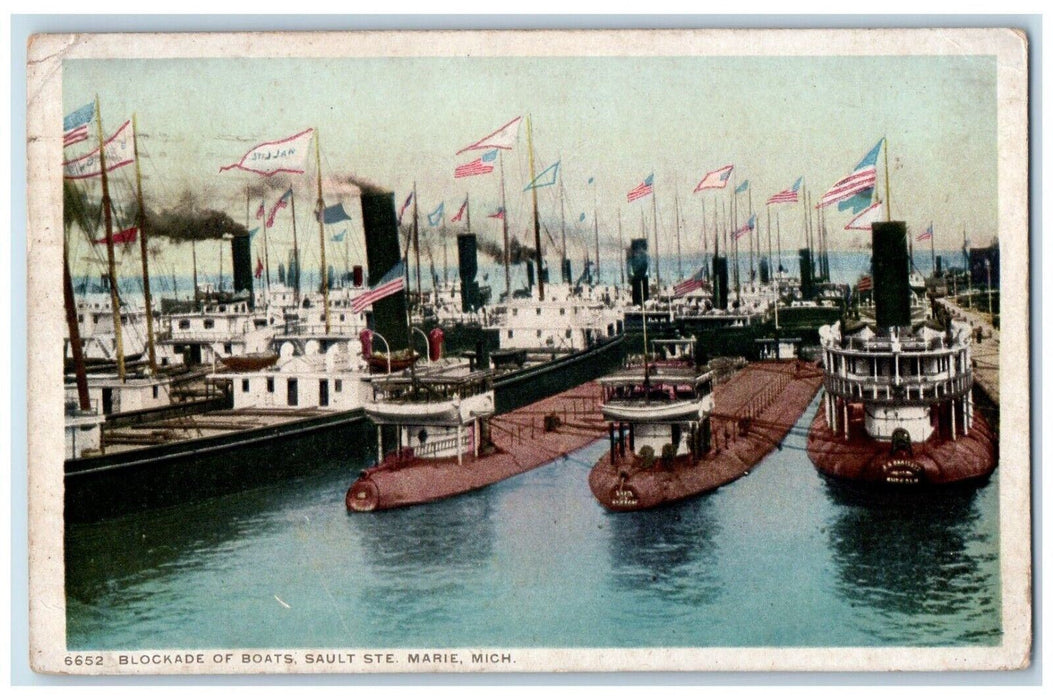1913 Blockade Of Boats Sault Ste. Marie Michigan MI, Phostint Antique Postcard