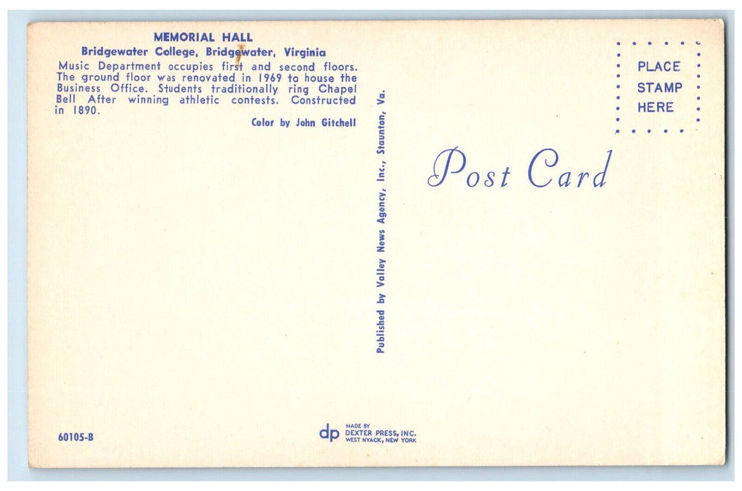 c1950's Memorial Hall, Bridgewater College, Bridgewater Virginia VA Postcard